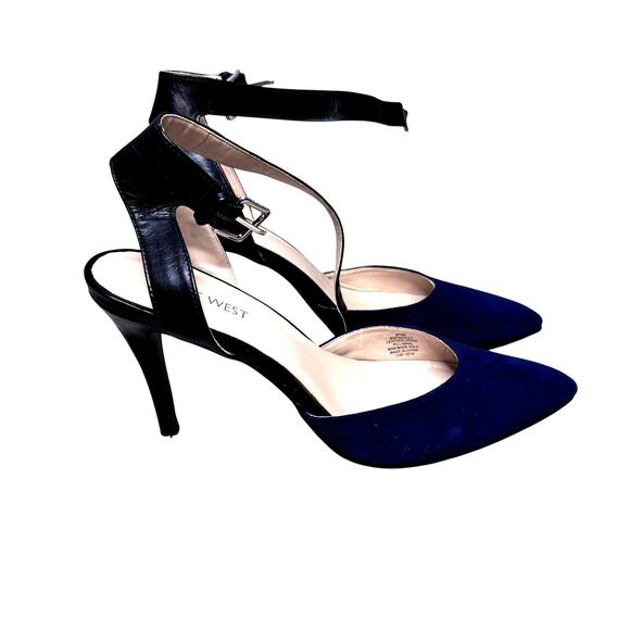 Nine West Shoes - Nine West Navy and Black Pointy Toe Pumps W/ Ankle Strap Women's 8.5